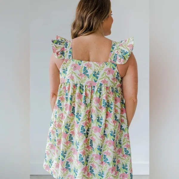 Tuckernuck Linen floral block print babydoll mini dress ruffle pyjama square neck flutter - Image 5