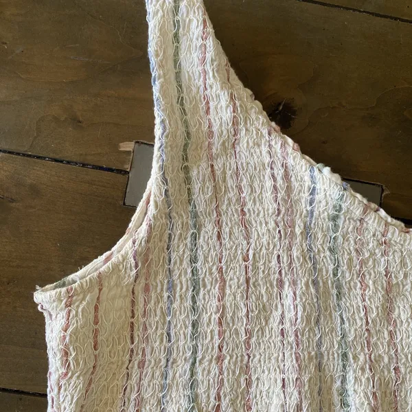 American Eagle‎ One Shoulder Smocked Top Womens Size L Cream Striped Ruffle Boho - Image 4