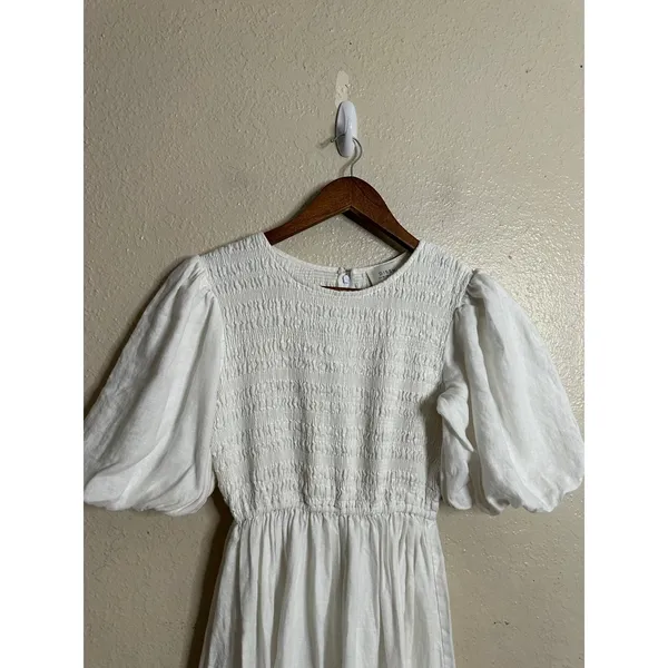 Dissh White 100% Linen Puff Sleeve Smocked Midi Dress Cottagecore Coastal US 6 - Image 8