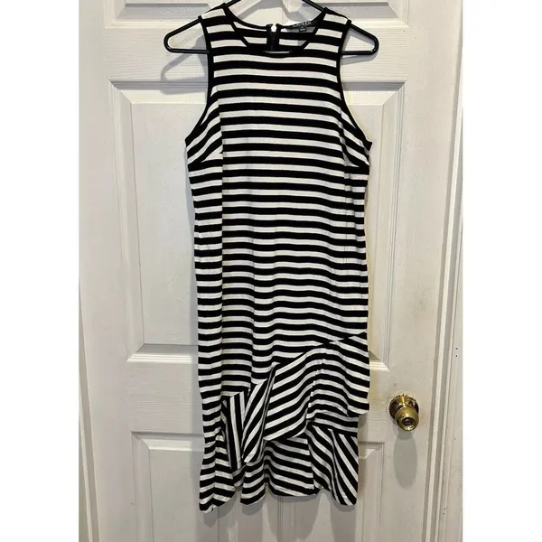 Lauren Ralph Lauren Black‎ White Striped Ruffle Hem Sleeveless Cotton Dress M - Image 2