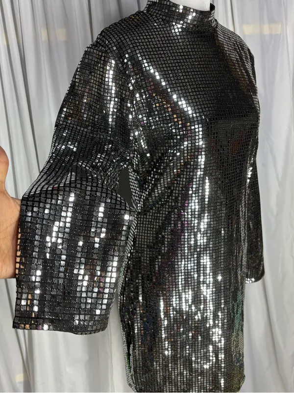 Black/Silver Sequin Mini Dress With Turtleneck Collar And Zipper Closure Size M - Image 4