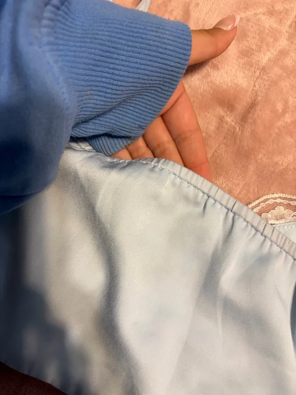 light blue silk princess polly crop top/cami top with white lace - Image 2