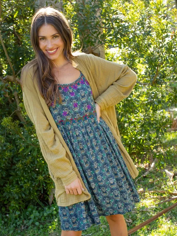 NATURAL LIFE Sara Embroidered Floral Mini Dress Dark Teal Medallion‎ Size XS - Image 3