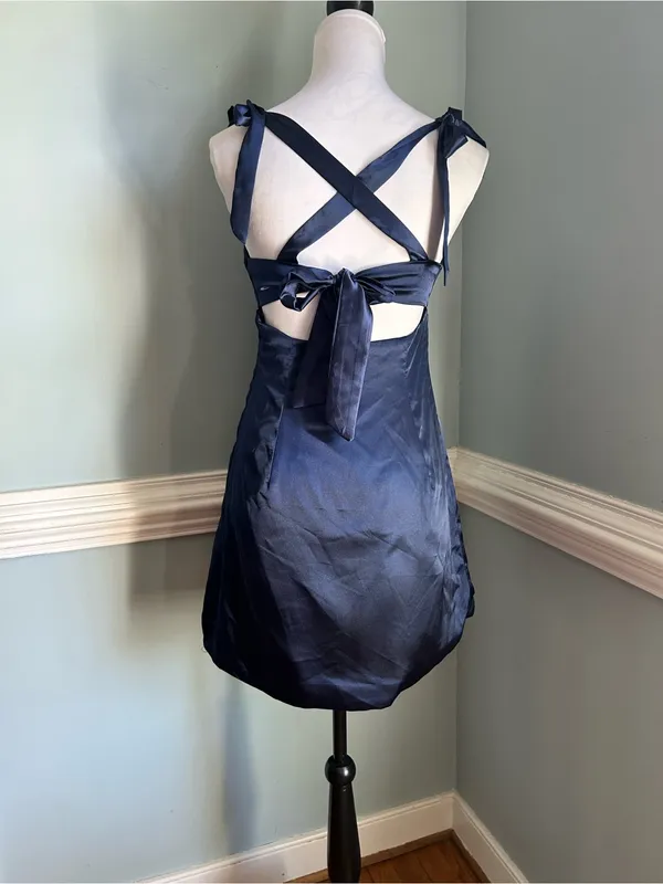 Navy Satin A-Line Dress with Tie Shoulder Straps size 8 - Image 2