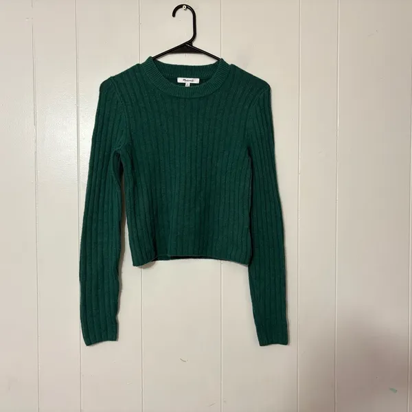 Madewell Readfield Ribbed Wool Blend Sweater XS Green Cropped Crewneck Knit N105 - Image 5