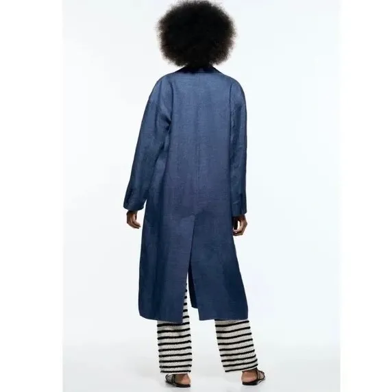 ZARA Limited Edition Linen Coat Buttons Pockets Double Breasted Blue X-Small - Image 8