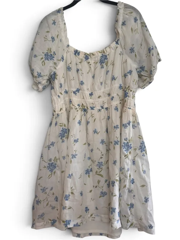 Cream Floral Puff-Sleeve BoHo flowery cottage core Dress with Blue Flowers - Image 10