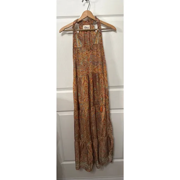 NWOT Rhea Made in India Silk Blend Paisley Halter Maxi Dress Boho Festival, S - Image 10