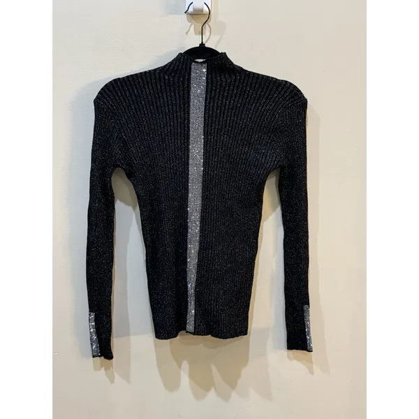 Nancy Yang black ribbed mock neck sweater Studded Size XS Black Multi - Image 2