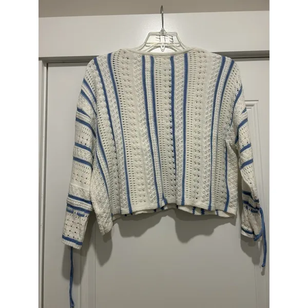 White Blue Striped lightweight Sweater Size Large Open Nautical Beach Game Day - Image 4