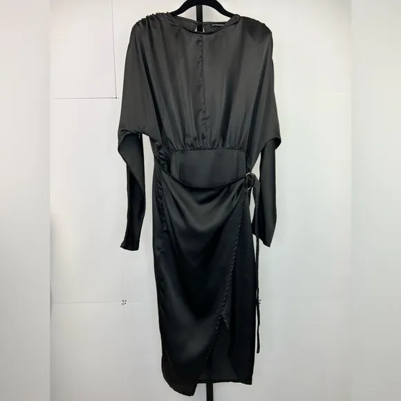 PrettyLittleThing High Slit Wrap Dress Womans 8 Black Satin Open Back Clubwear - Image 3