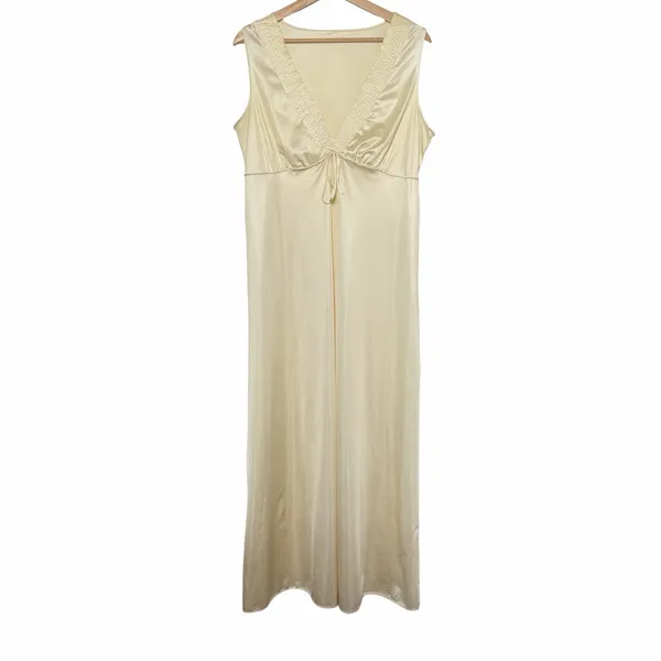 VTG Pembrooke Nightgown Womens L Ivory Nylon Maxi Dress Deep V Neck 70s 80s - Image 2