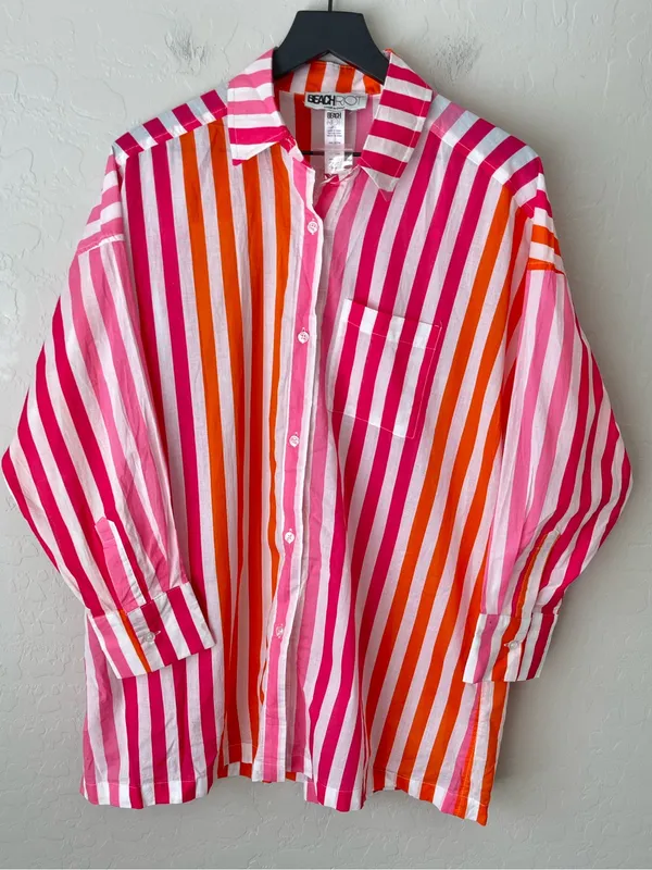 Beach Riot Alexa Stripe Lightweight Cotton Button Down Sunset Size S/M - Image 3