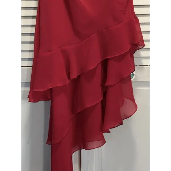 Let's Fashion Red Chiffon Asymmetrical Rhinestones Long Formal Gown Size S Lined - Image 3