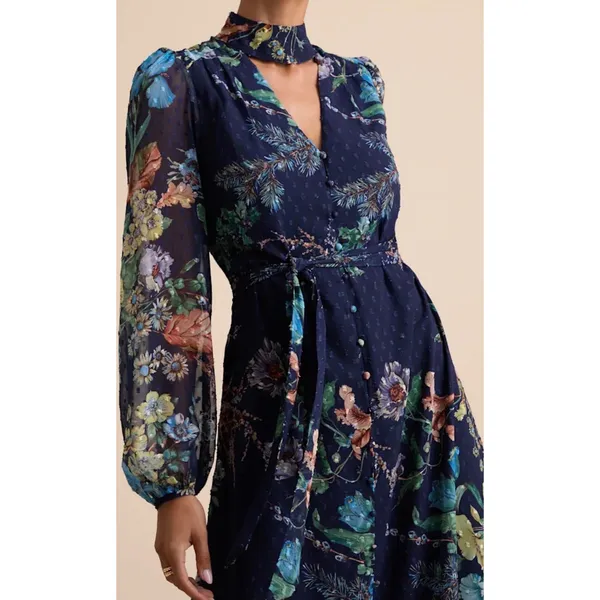 NWT Lulus Size XL Fallyn Navy Blue Floral Swiss Dot Long Sleeve Midi Dress - Image 2