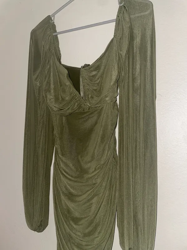 Zaful Olive Green Ruched Sheer Mesh Bodycon Dress Size Size L - Image 3