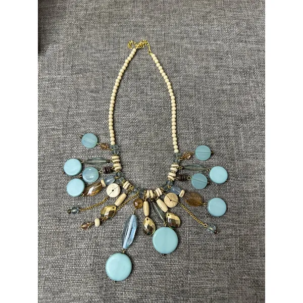 Boho Statement Beaded Necklace Turquoise & Gold Accents Adj Chain Layered - Image 2