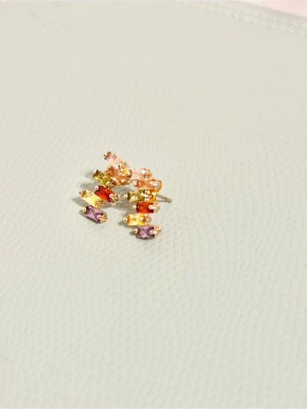 Rainbow Baguette Stud Earrings Gold Plated Multicolor CZ Boho - Image 2