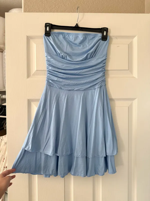 Merokeety BNWT Light Blue Strapless Ruched Waist Tiered Mini Dress - Image 3