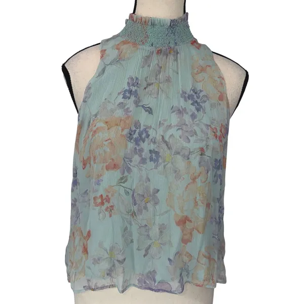 Alice + Olivia Annmarie Floral Smocked High Neck Tank Top Blue Multi Size S - Image 2