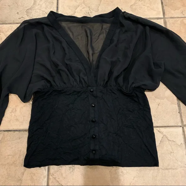 Sheer Long Sleeve Button Down V Neck Blouse Black Size L - Image 2