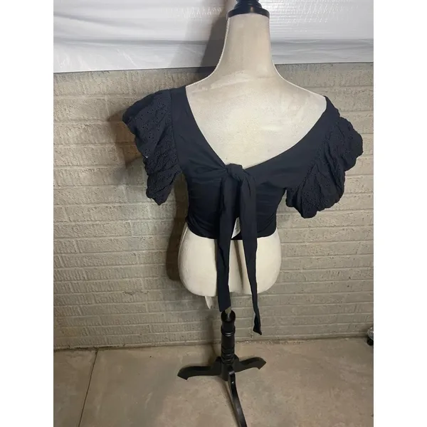 NWT EXPRESS‎ Women's Black Tie Back Puff Sleeve Eyelet Blouse Shirt Size S - Image 4