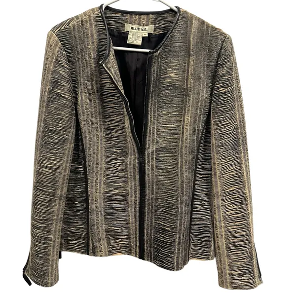 Blue Ice Tan Black Textured Zip Up Zip Sides and Cuffs Blazer Jacket Womens 10 - Image 6