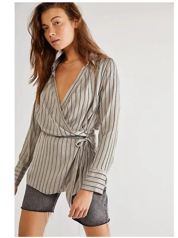 Free People Arlo Wrap Plunge Neckline Striped Long Sleeve Top Blouse Small - Image 3