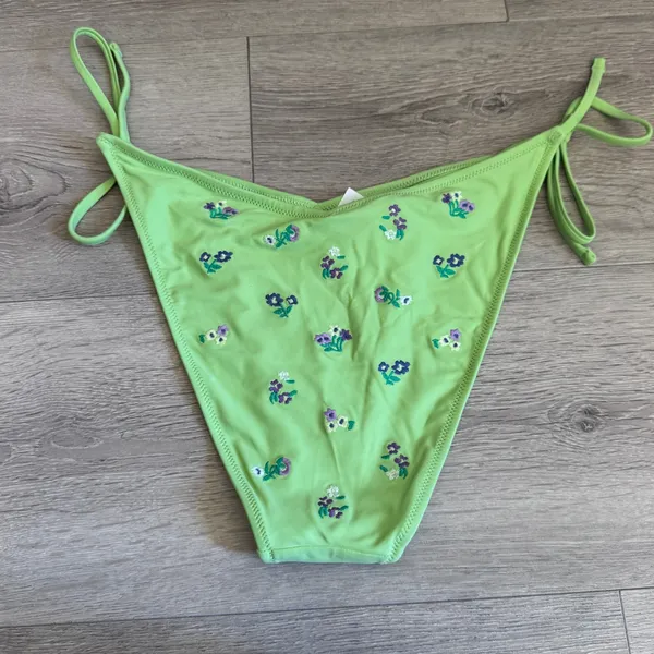 Aerie Lime Green Floral Embroidered Cheekiest Side Tie Bikini Bottom Large‎ L - Image 3
