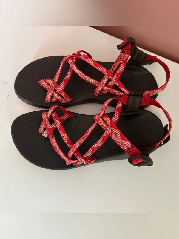 Chacos Red Patterned Strap Sandals with Brown Footbed - Image 2
