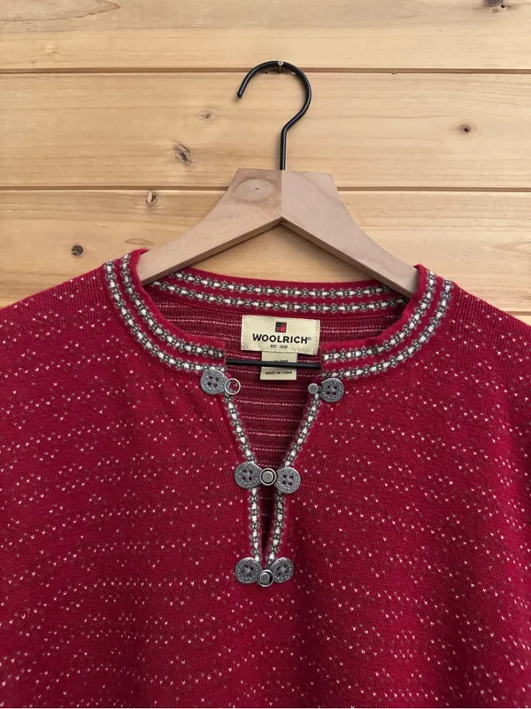 Vintage Woolrich Large Red Fair Isle Nordic Metal 1/4 Clasp Henley Sweater - Image 5