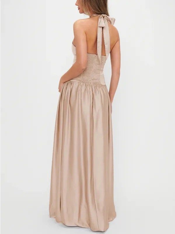 Show Me Your MuMu SMYM Eliza Champagne Luxe Satin Drop Waist Halter Neck Dress - Image 5