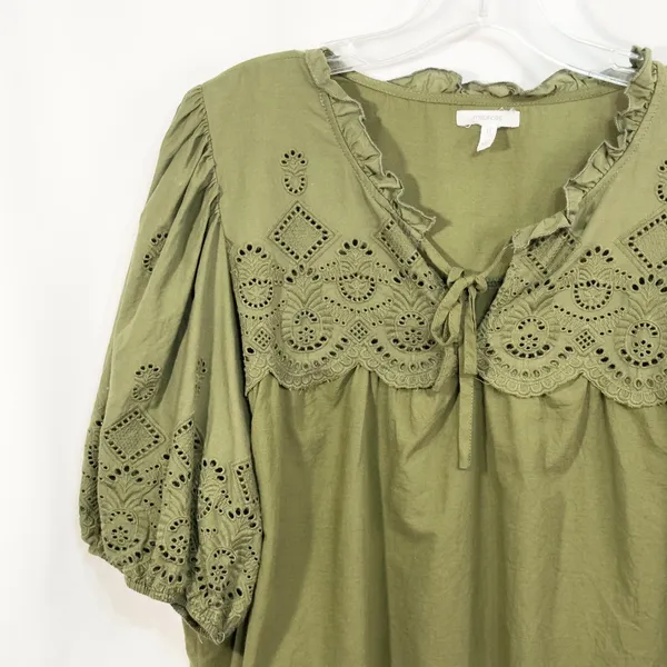Maurices XXL Top Eyelet Blouse Peasant Top Puff Sleeve‎ Olive Green 907 - Image 6
