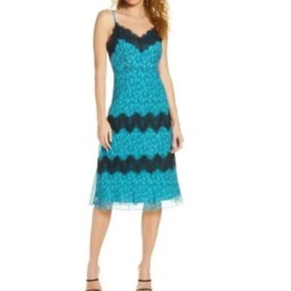 FoxieDox Anthropologie Teal and Black Lace Slip Dress - Image 4