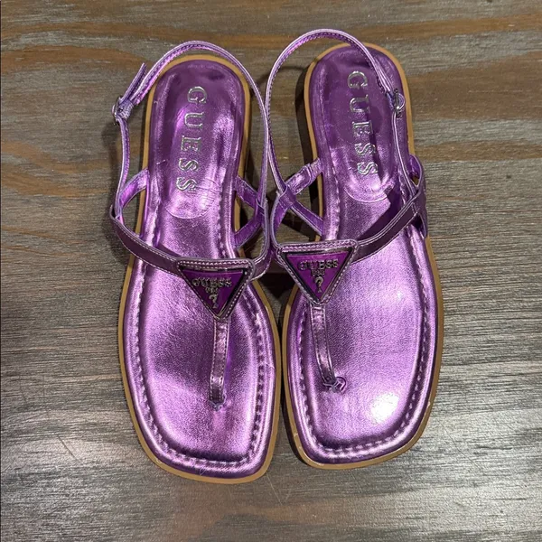 Guess Purple Metallic Logo‎ Sandals Size 6.5 | Y2K Square Toe Thong Flip Flops - Image 2