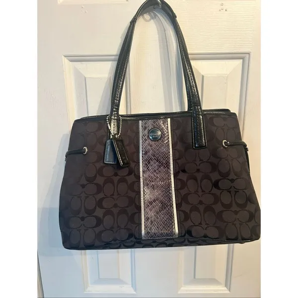 Coach Black Signature Python Stripe Carryall shoulder Bag 14x10x6 hobo - Image 8