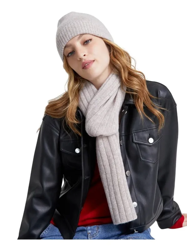 NWT Charter Club Womens 100% Cashmere Cuffed Beanie Pearl Taupe Heather Brown - Image 3