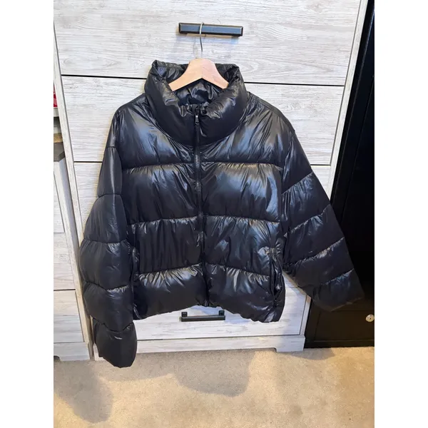 Old Navy Womens XL Shiny Black Puffer Jacket Quilted Zip Up Stand Collar Coat - Image 4