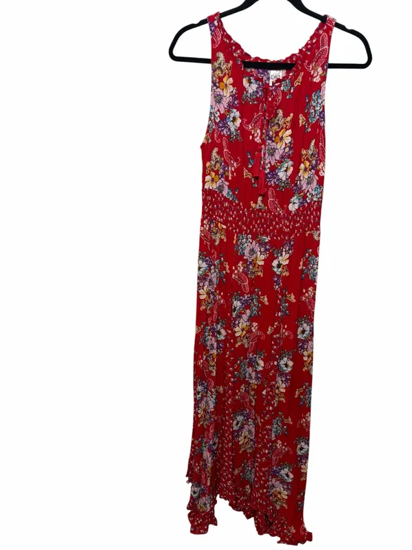 Bila Red Floral Boho Maxi Dress Hankerchief Hem Cottagecore Festival Flowy L - Image 4