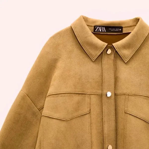 Zara NWT tan camel faux suede collared button front shirt jacket shacket - Image 2