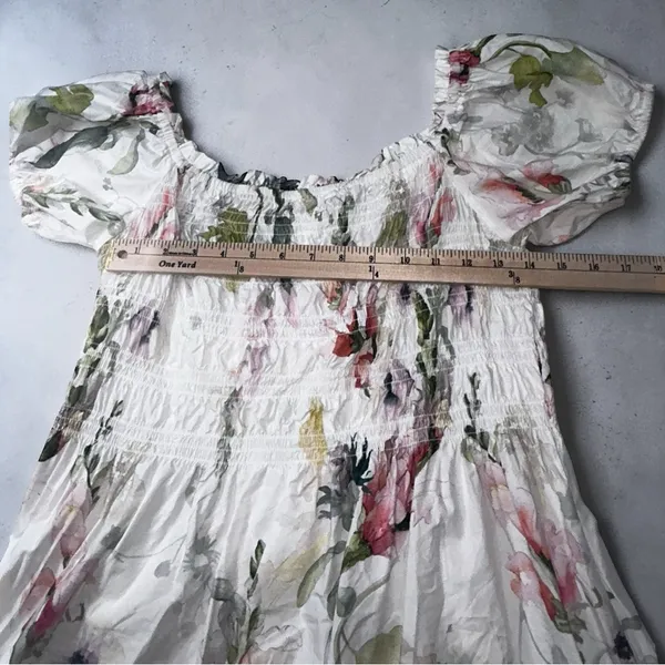 H&M Off-The-Shoulder Poplin Floral Midi Dress – White/Pink/Green Sz L - Image 7