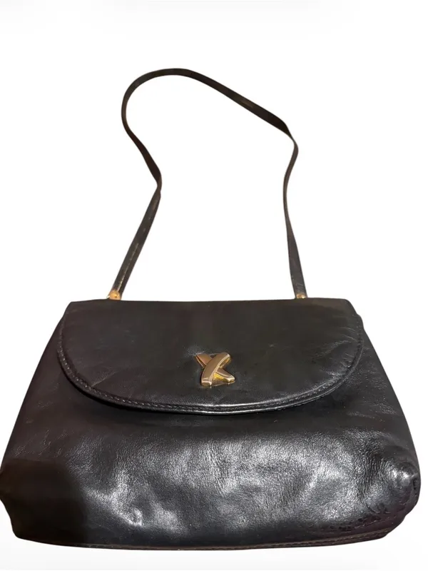 Vintage Paloma Picasso Black Leather Crossbody Bag with Gold Logo X Accent EUC - Image 2