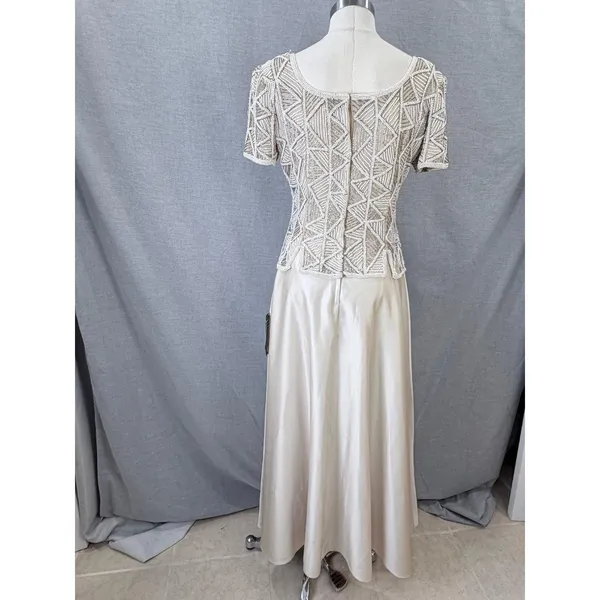 Vintage Stenay Beaded Silk Gown Ivory Geometric Seed Pearl Bodice Formal‎ Maxi 8 - Image 7