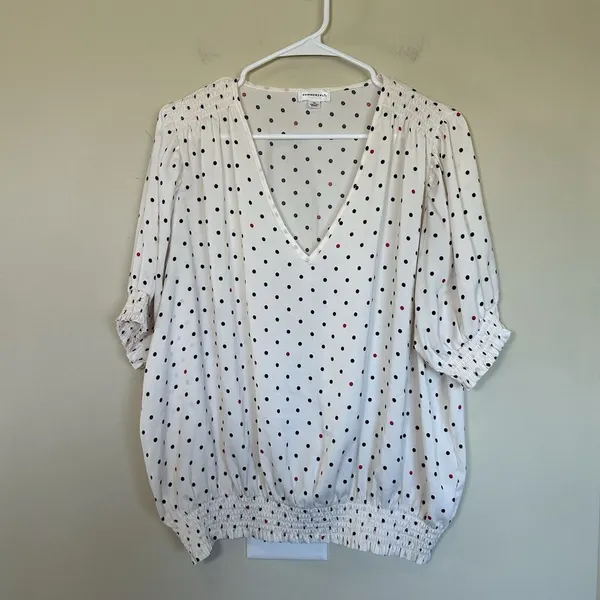 Summersalt Womens Polka Dot Puff Sleeve Top XL V-Neck Smocked‎ Hem Cream NWOT - Image 2