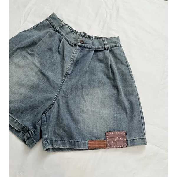 Vintage High Waisted Denim Shorts Pleated Acid Wash Patchwork Boho Jean Size M - Image 4