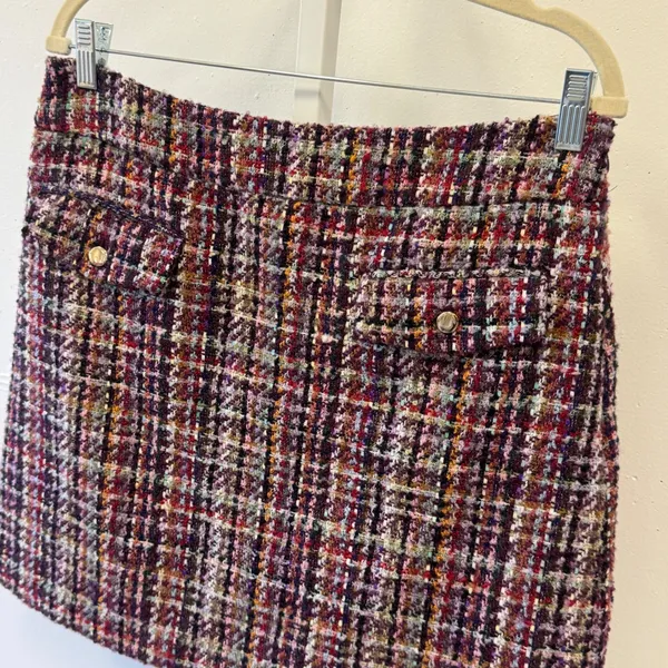 Loft Multi Color Tweed Plaid Mini Skirt Gold Button Front Size 10 Purple Red - Image 3