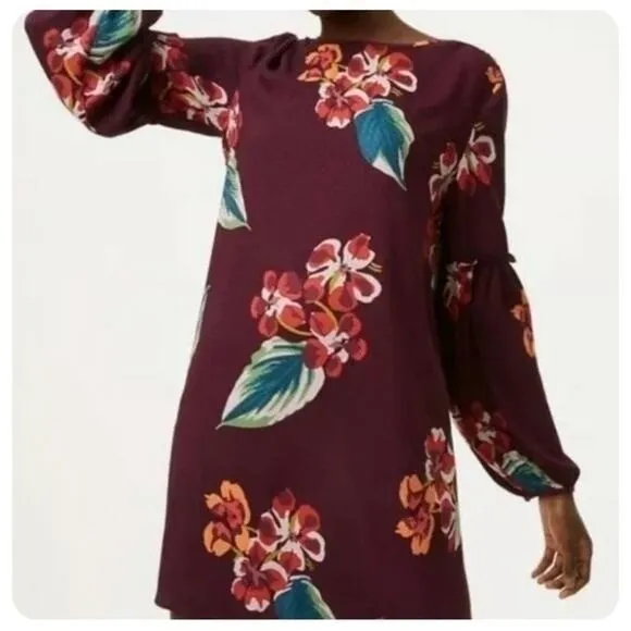 LOFT Womens Plum Purple Tropical Floral‎ Puff Sleeve Shift Dress XSP Petites - Image 12