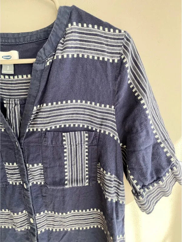 Old Navy Blue & White Geometric Stripe Button-Front Mini Shirt Dress PS - Image 8