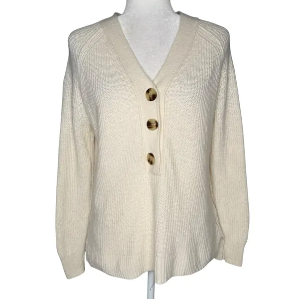 Madewell‎ XS Wool Long Sleeve Quarter Button Henley Pullover Sweater Beige Ivory - Image 2