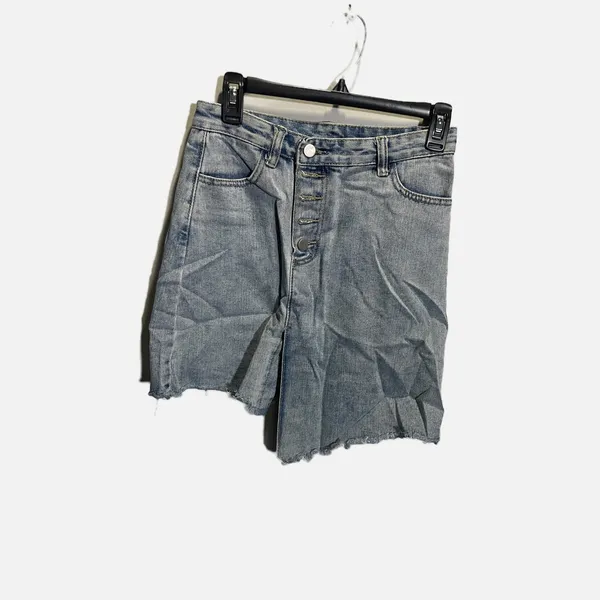 Elephant Women Blue Denim Asymmetrical Raw Hem Mini Skirt‎ Button Fly Size L - Image 2
